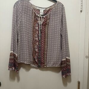 American Rag Gray and Brown Tie Front Blouse